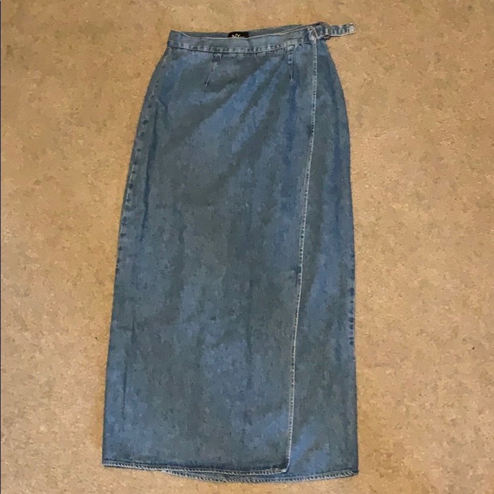 Light blue denim midi skirt wraparound